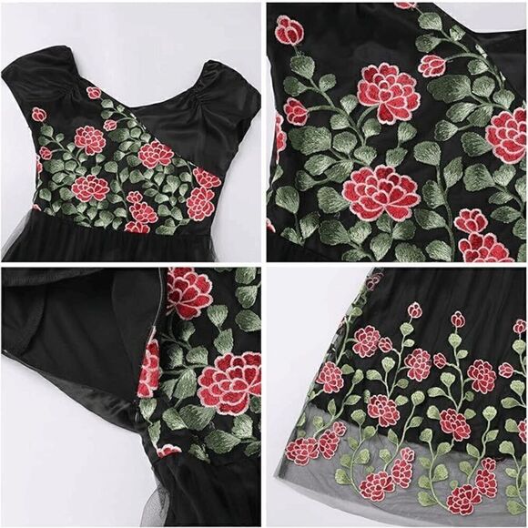 🌸 NWT Off Shoulder Retro Pinup Vintage 1950s Mesh Floral Embroidered Dress XL - Picture 9 of 16